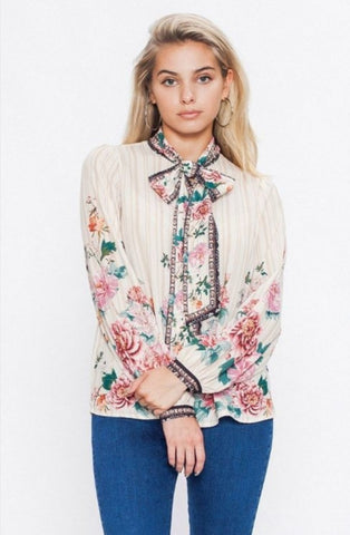 Blossom White Multi Color Floral Print Button Down Long Sleeve Top