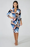 Daleyza Multi Color Print Long Sleeve Pleated Dress