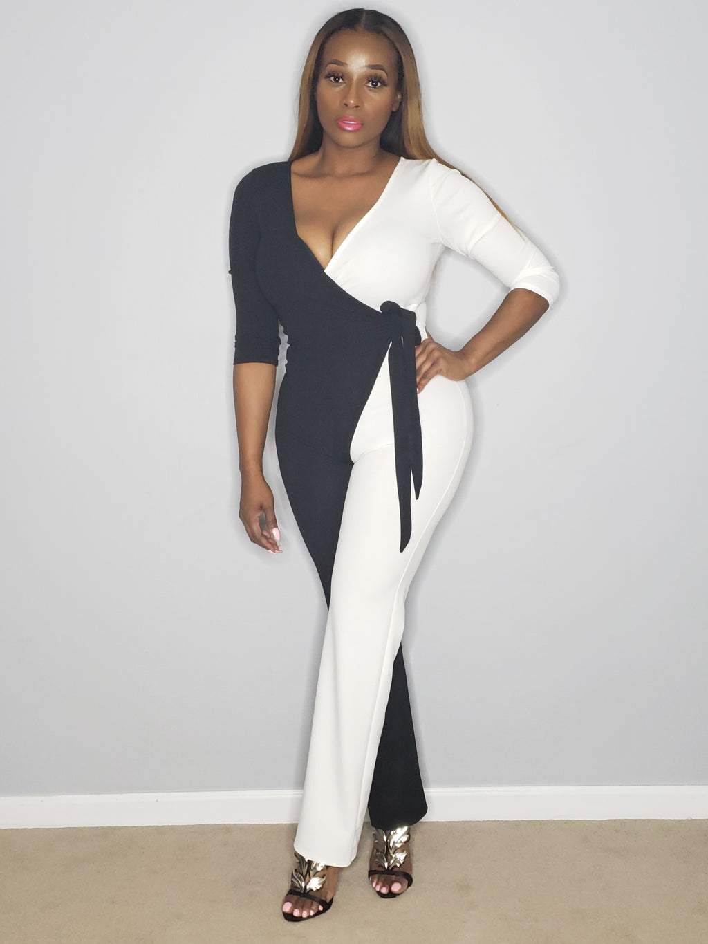 Cassie Black White Color Block Long Sleeve Wrap Style Deep V-Neck Stretch Fit Jumpsuit - A' LA' POSH Clothing