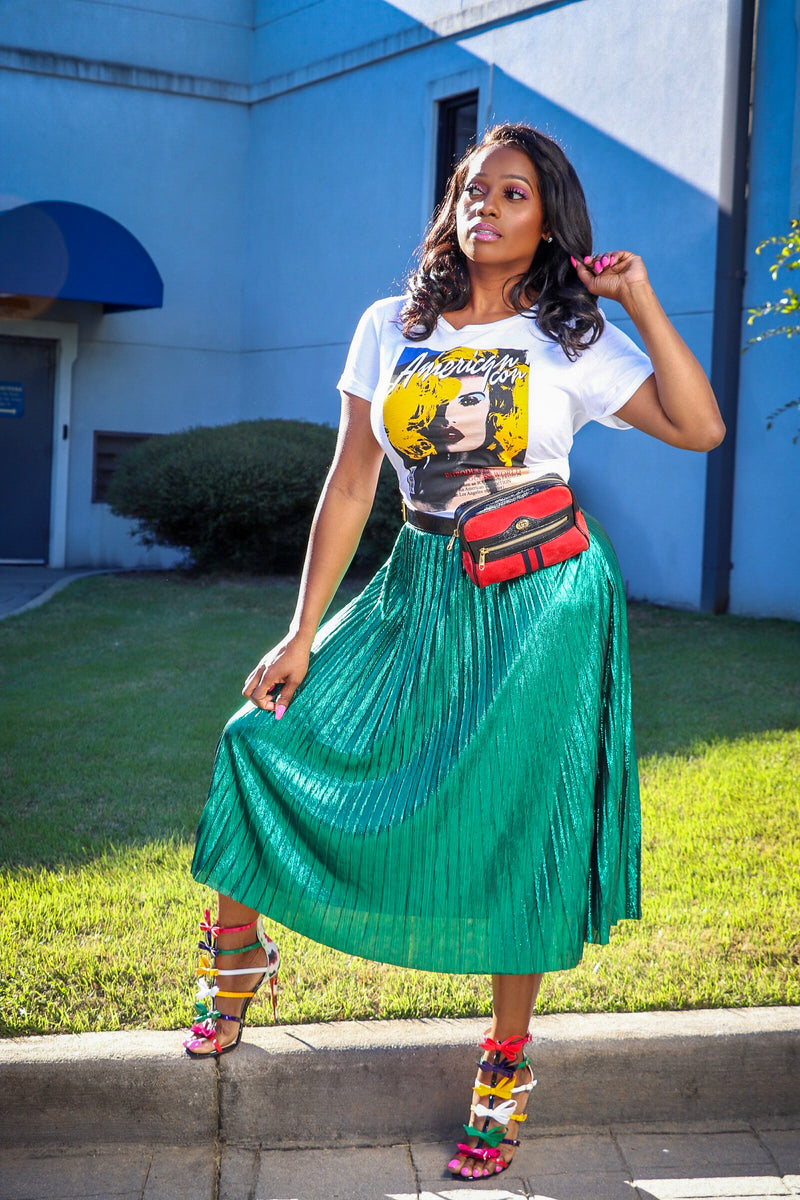 Esperanza Metallic Green Pleated Midi Skirt – A' La' Posh