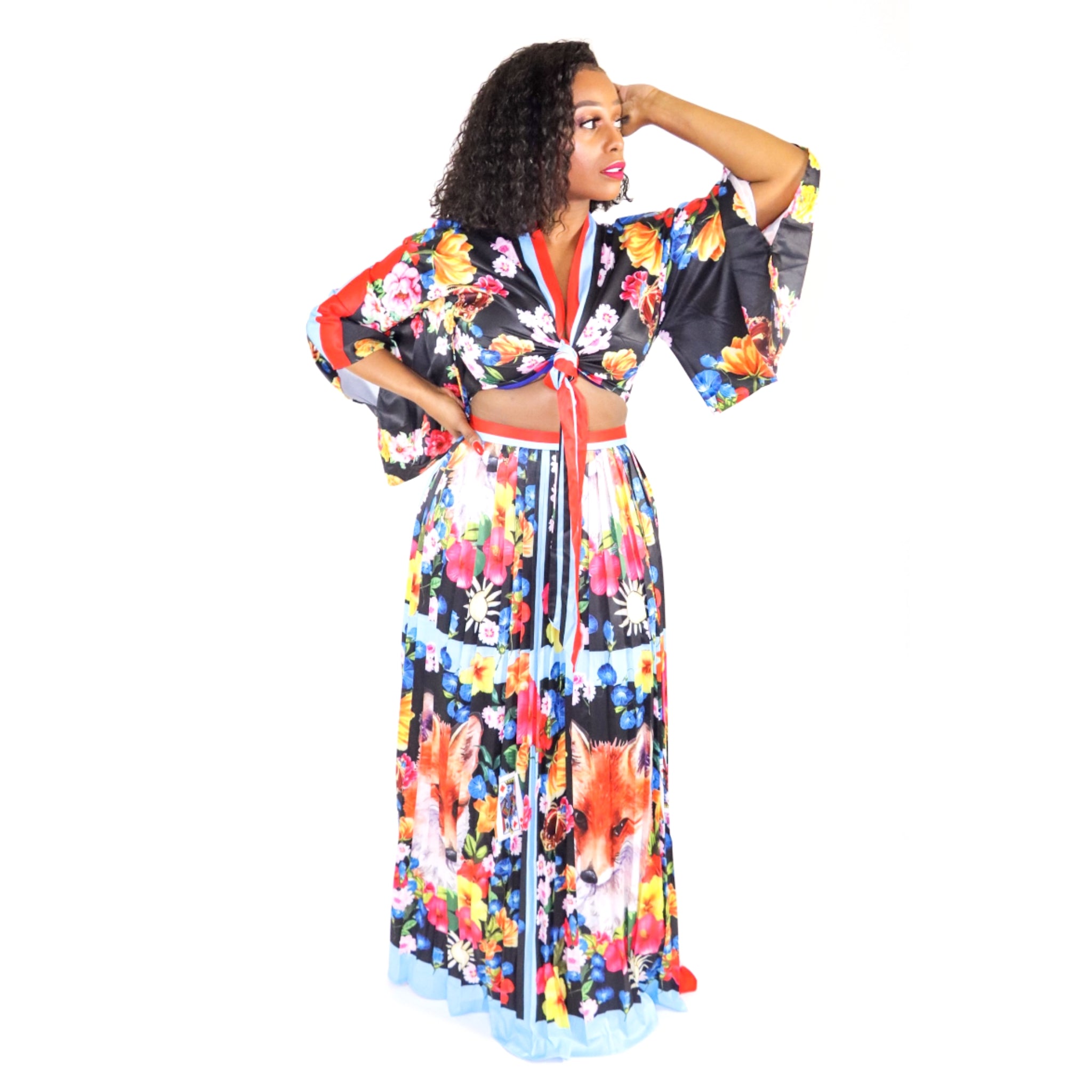 China Garden Red Blue Multi Color Skirt 2 Piece Skirt Set