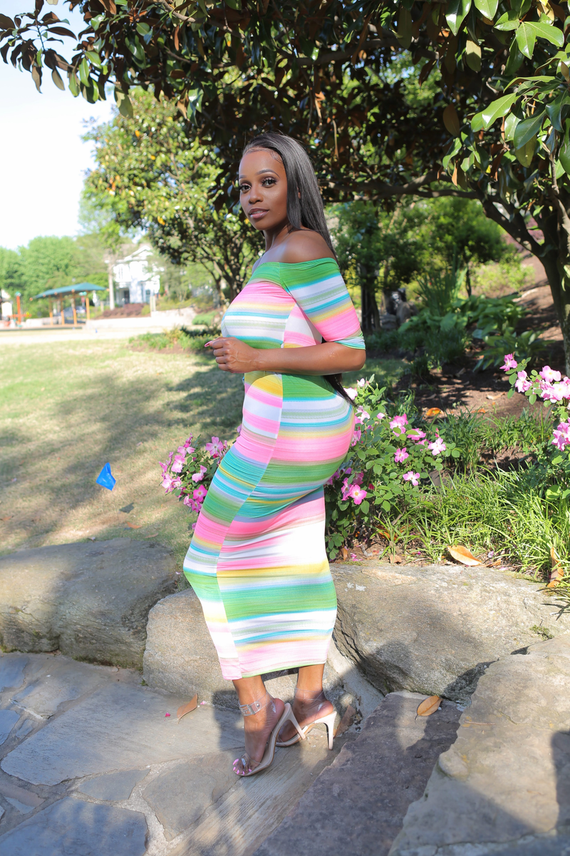 Neon Pink Stripe Bodycon Silhouette Dress - A' LA' POSH Clothing