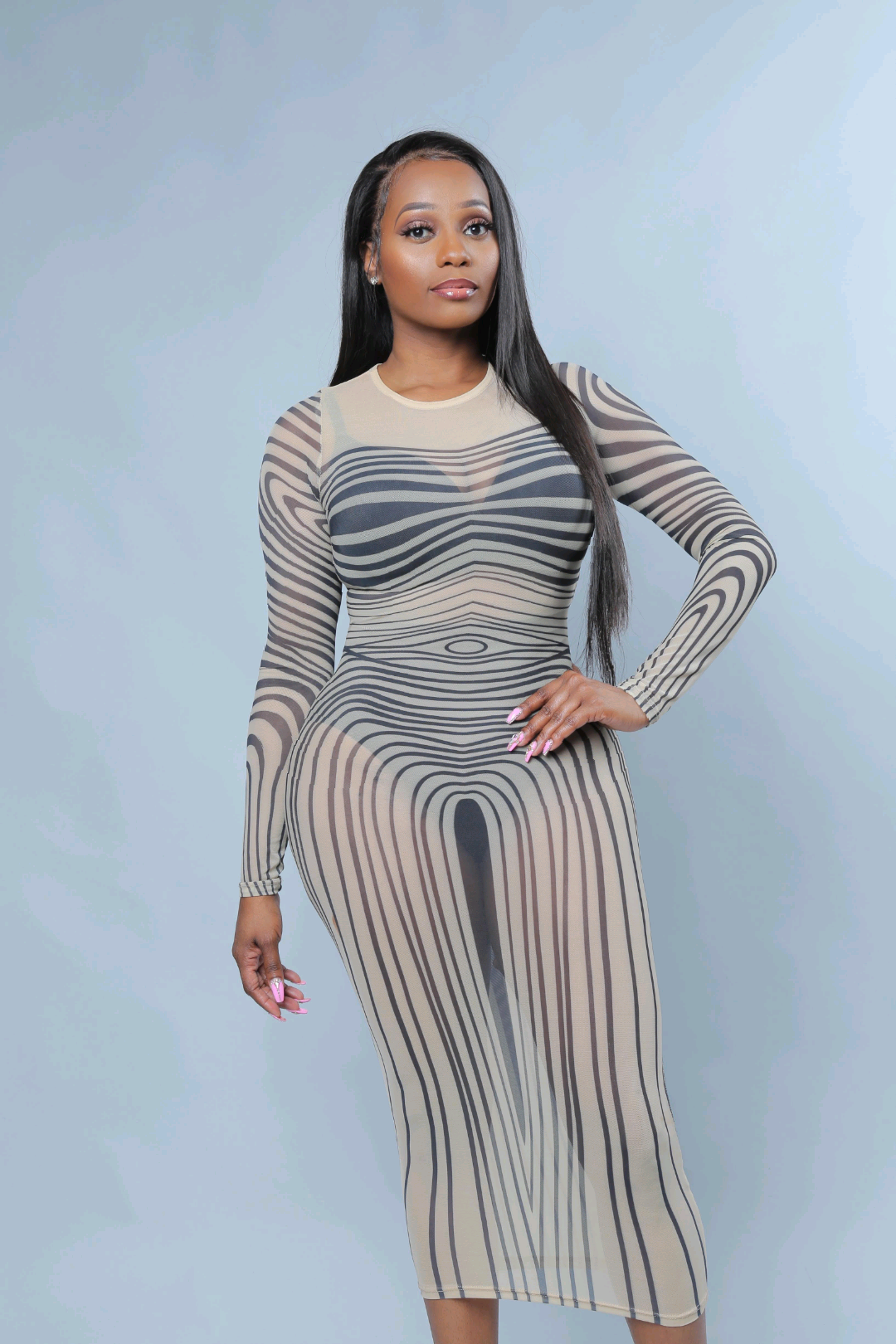 Kim K Nude Stripe Transparent Bodycon Silhouette Dress A' La' Posh Clothing Kim K Nude Stripe Transparent Bodycon Silhouette Dress A' La' Posh Clothing