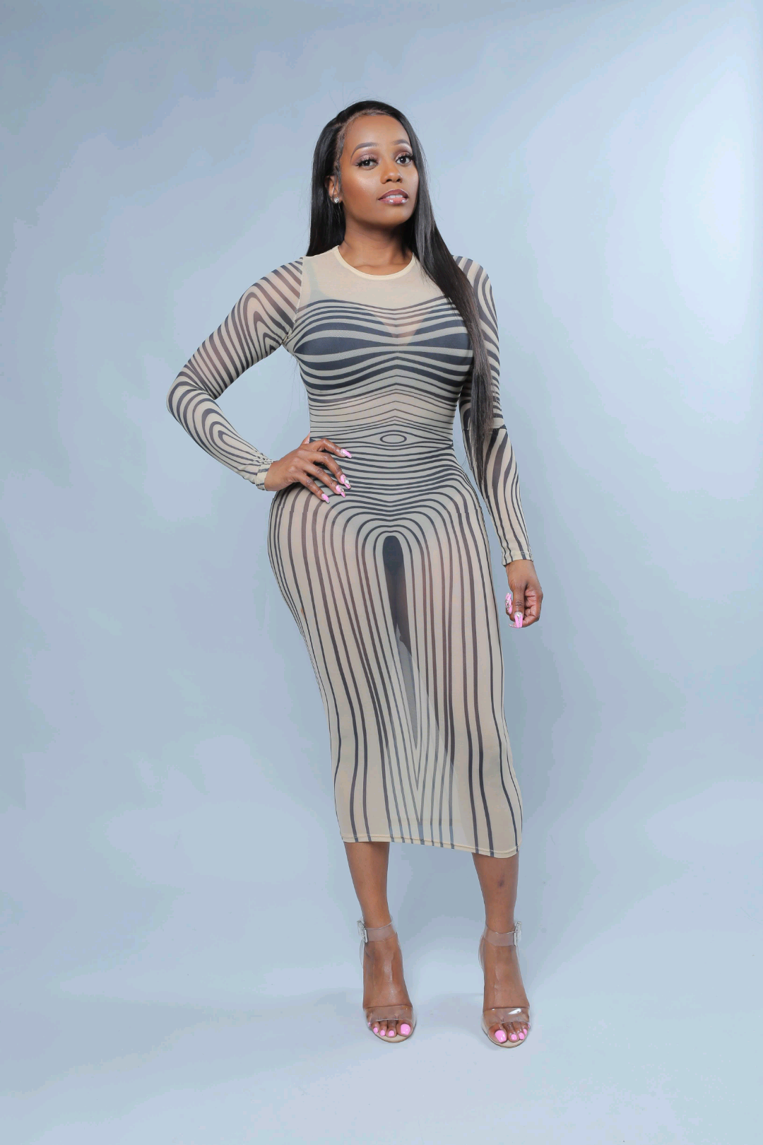 Kim K Nude Stripe Transparent Bodycon Silhouette Dress – A' La' Posh Clothing