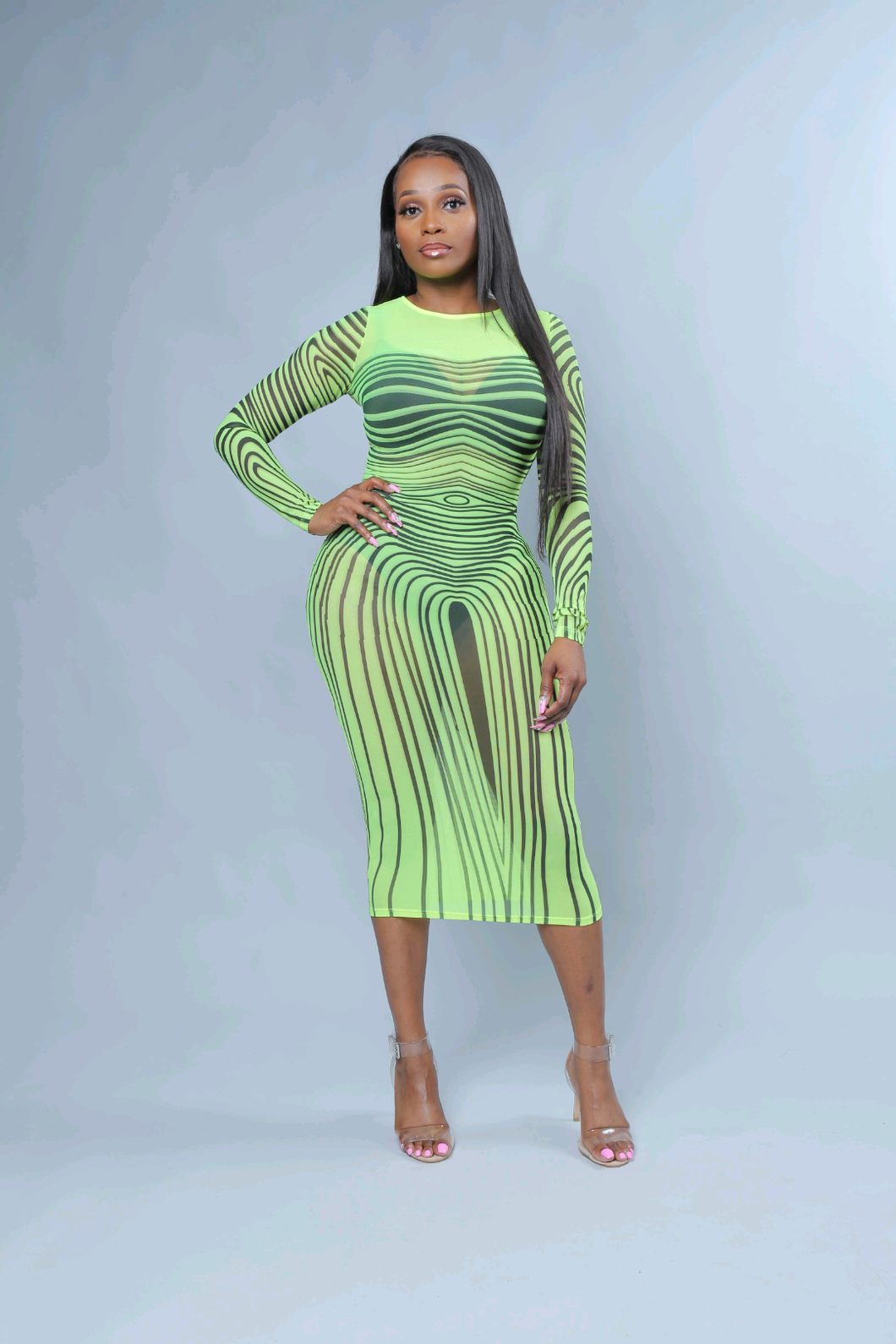 Kim K Neon Green Stripe Transparent Bodycon Dress