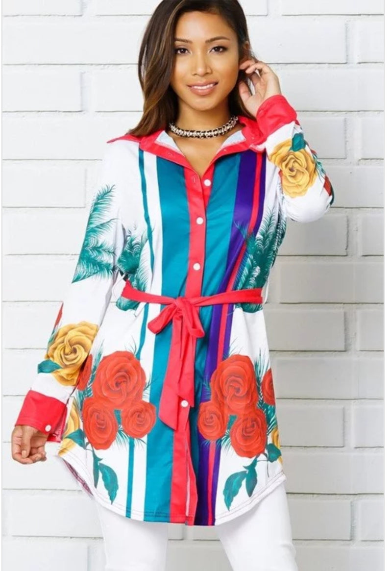 Lilyanna White Multi Color Floral Button Down Stretch Top Curvy Posh Plus - A' LA' POSH Clothing