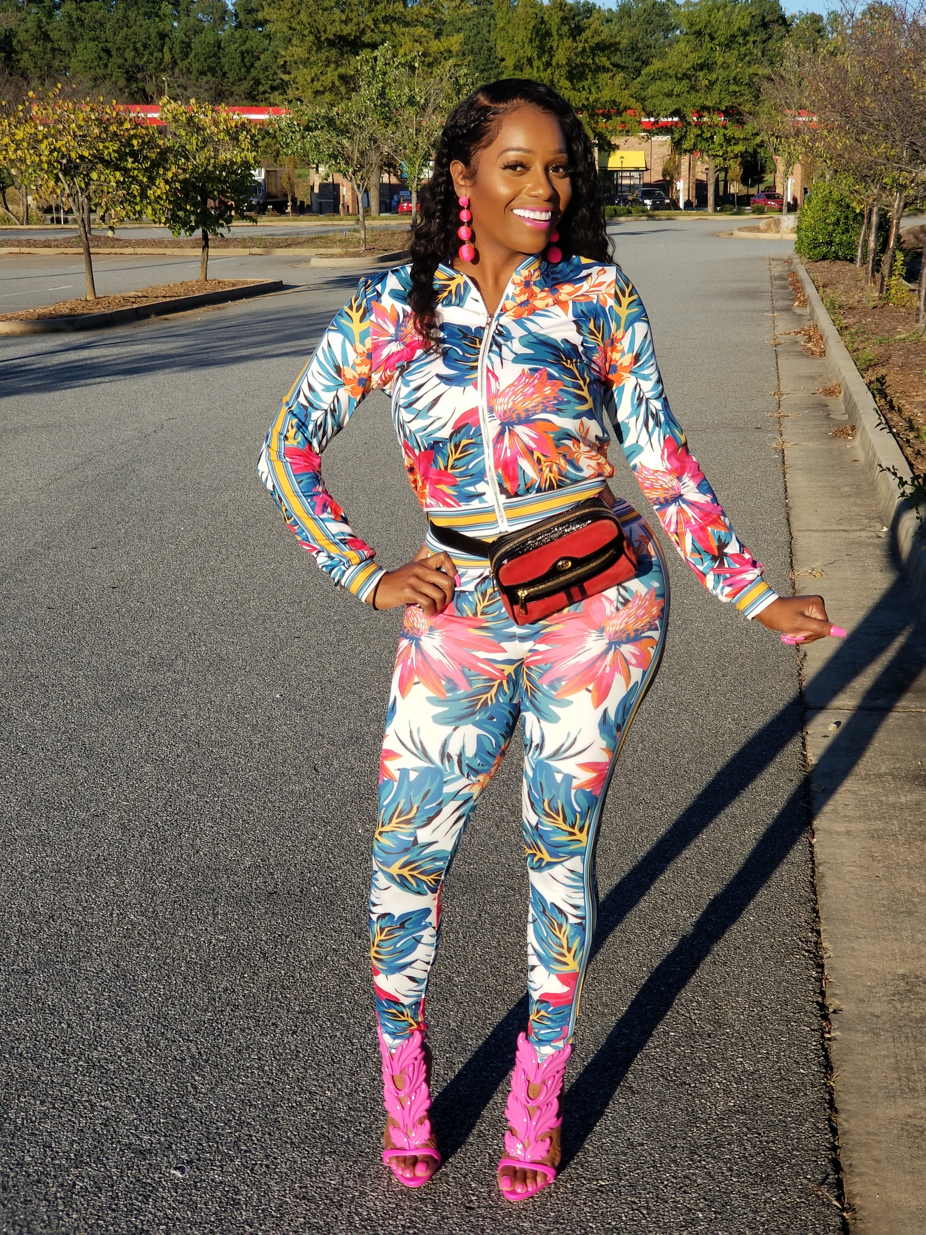 Kylie White Multi Color Floral Print Stretch Fit Tracksuit