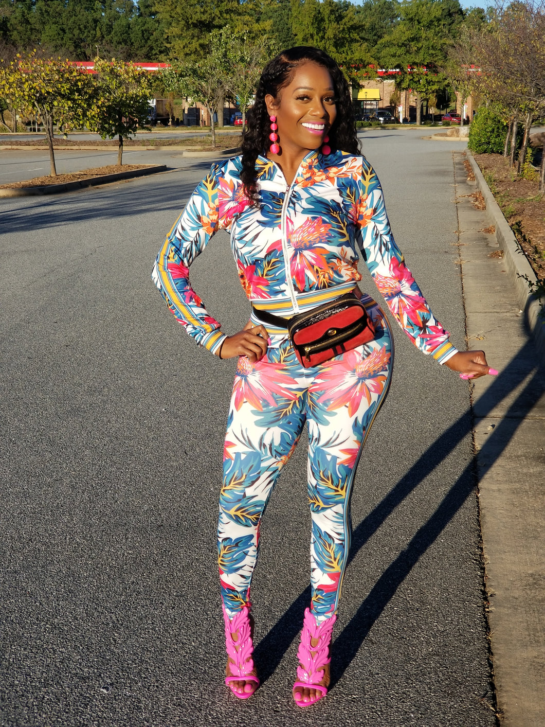 Kylie White Multi Color Floral Print Stretch Fit Tracksuit - A' LA' POSH Clothing