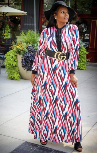 Izabella Multi Color Venetian Print Long Sleeve Maxi Dress - A' LA' POSH Clothing