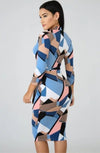 Aria Blue Multi Color Geometric Print Midi Bodycon Dress - A' LA' POSH Clothing