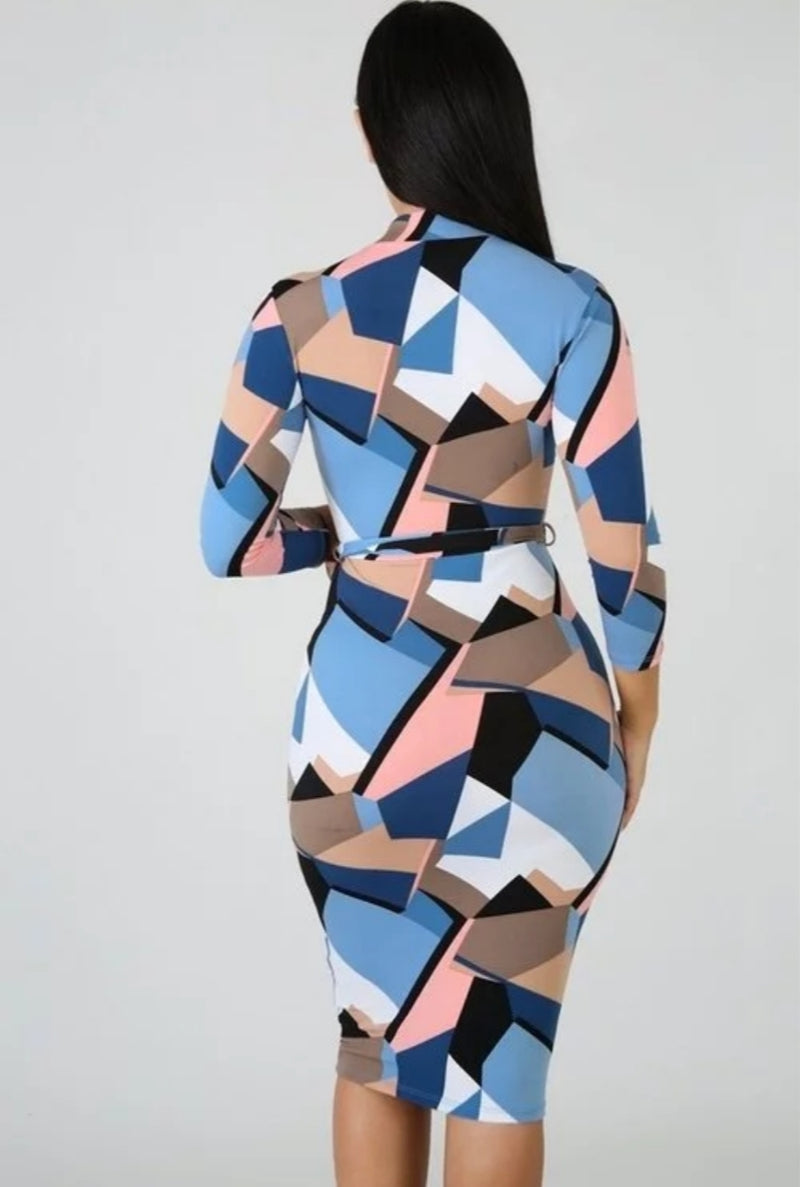 Aria Blue Multi Color Geometric Print Midi Bodycon Dress - A' LA' POSH Clothing