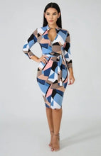 Aria Blue Multi Color Geometric Print Midi Bodycon Dress - A' LA' POSH Clothing