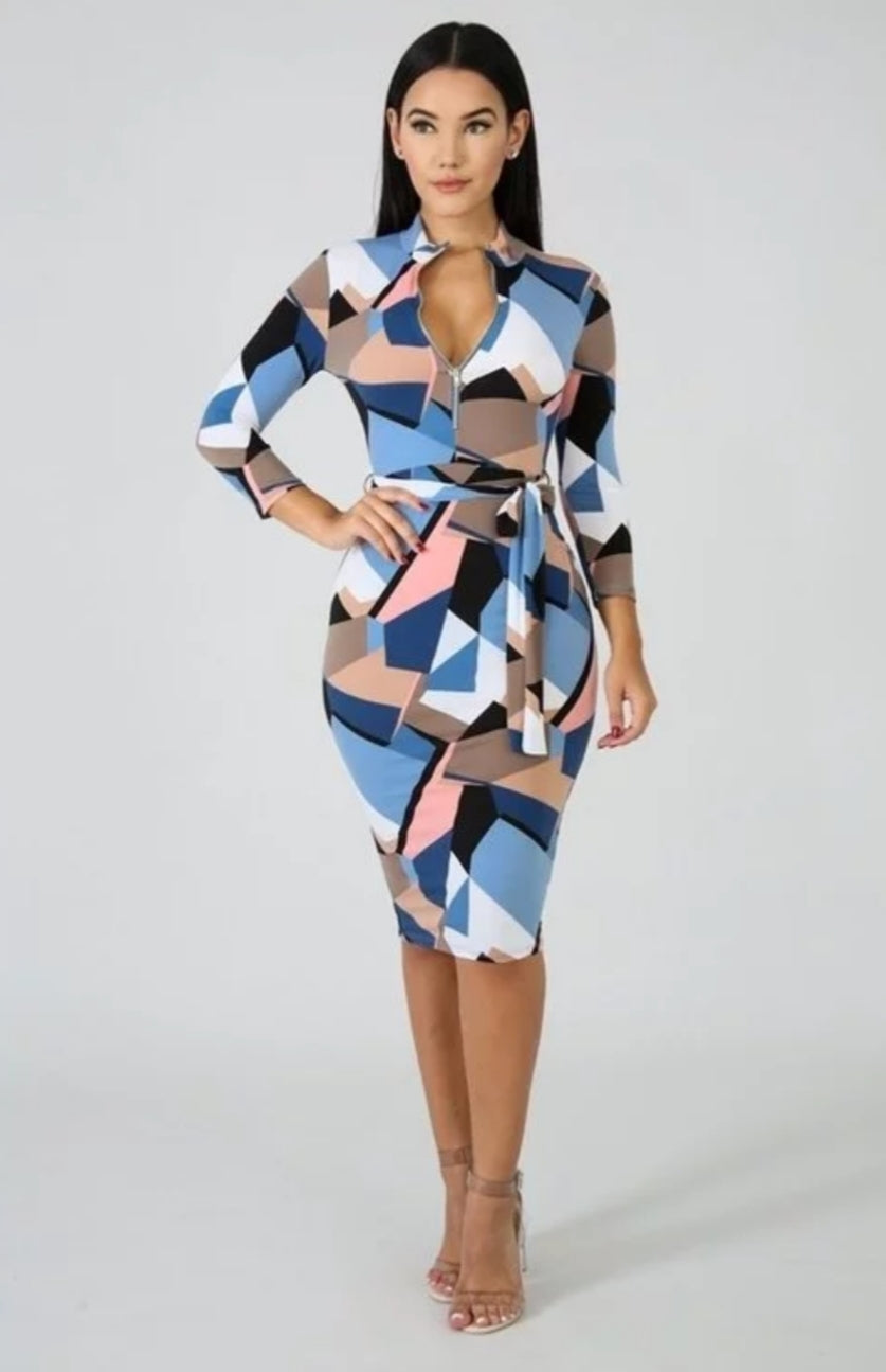 Aria Blue Multi Color Geometric Print Midi Bodycon Dress