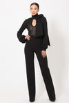 Cassie Black White Color Block Long Sleeve Wrap Style Deep V-Neck Stretch Fit Jumpsuit