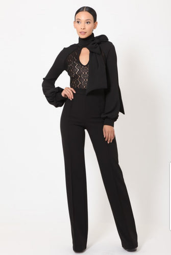 Dior Neck Ribbon Neck Tie Lace Top Long Sleeve Jumpsuit - A' LA' POSH Clothing