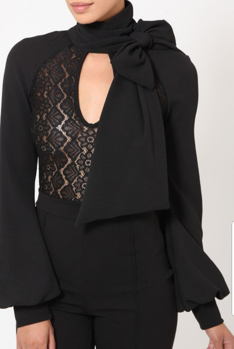 Dior Neck Ribbon Neck Tie Lace Top Long Sleeve Jumpsuit - A' LA' POSH Clothing