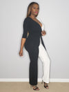 Cassie Black White Color Block Long Sleeve Wrap Style Deep V-Neck Stretch Fit Jumpsuit - A' LA' POSH Clothing
