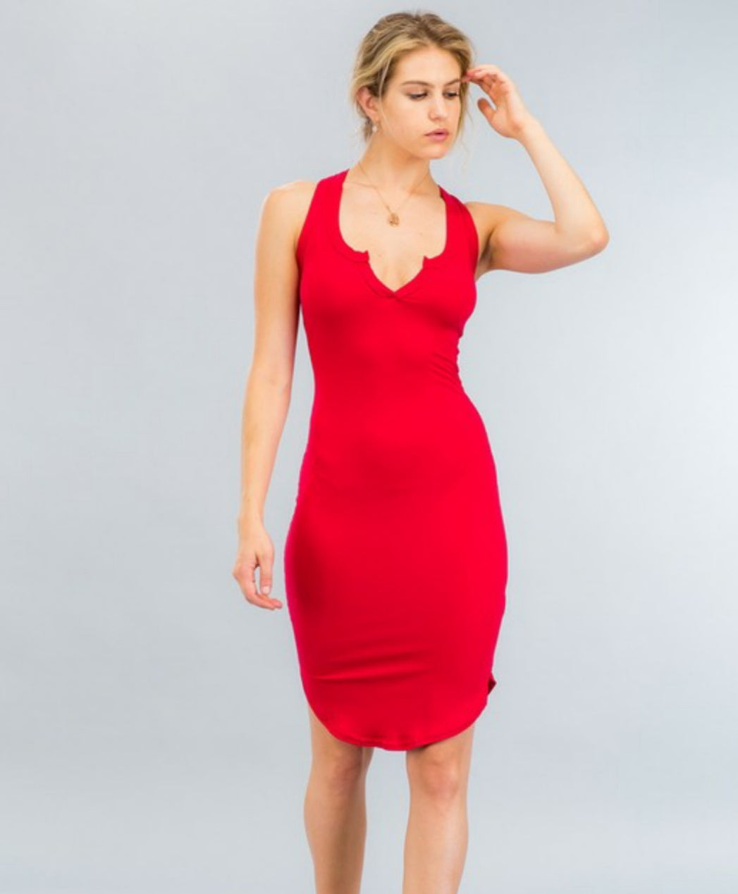Mayuko Red Stretch Knit Bodycon Midi Dress