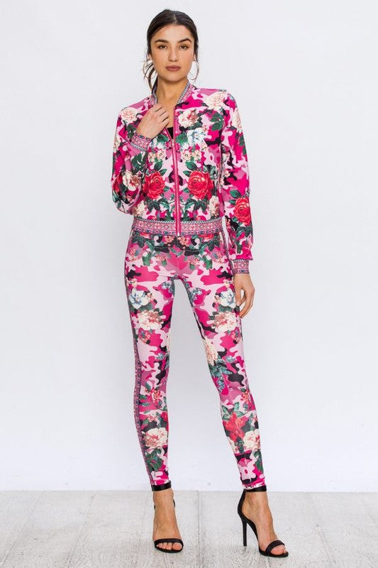 Blush Rose Red Multi Color Camouflage Stretch Fit Tracksuit - A' LA' POSH Clothing