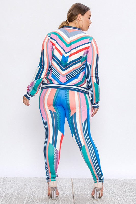 Bubble Gum Multi Color Geometric Stripe Stretch Fit Tracksuit (Curvy Posh) Plus - A' LA' POSH Clothing