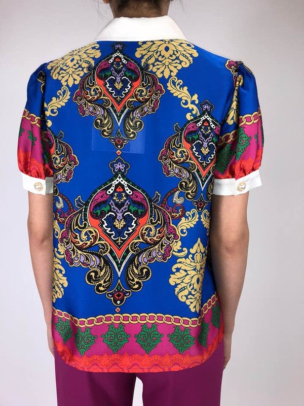 Electra Royal Blue Multi Color Floral Print Satin Blouse - A' LA' POSH Clothing
