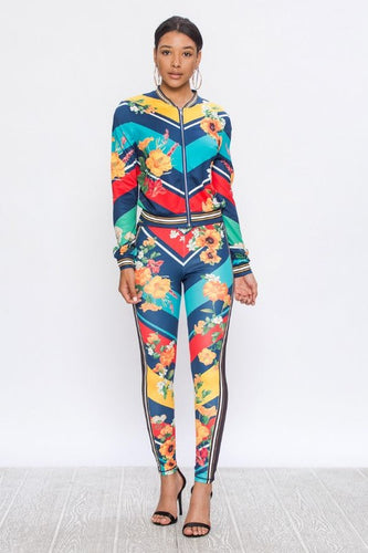 Candi Navy Diagonal Stripe Flower Print Stretch Fit Tracksuit - A' LA' POSH Clothing