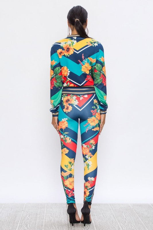 Candi Navy Diagonal Stripe Flower Print Stretch Fit Tracksuit - A' LA' POSH Clothing