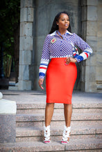 Harmony Navy Red Mosaic Pattern Ribbon Neck Blouse - A' LA' POSH Clothing