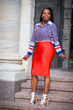 Harmony Navy Red Mosaic Pattern Ribbon Neck Blouse - A' LA' POSH Clothing