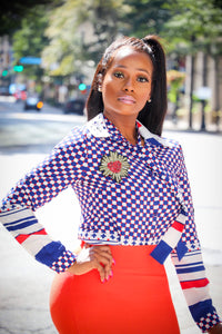 Harmony Navy Red Mosaic Pattern Ribbon Neck Blouse - A' LA' POSH Clothing