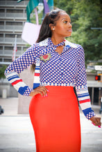 Harmony Navy Red Mosaic Pattern Ribbon Neck Blouse - A' LA' POSH Clothing