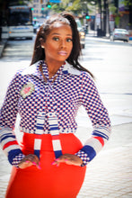 Harmony Navy Red Mosaic Pattern Ribbon Neck Blouse - A' LA' POSH Clothing