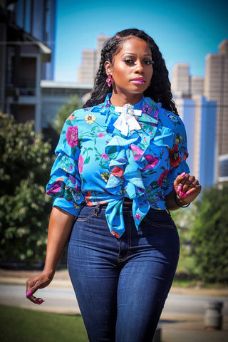 Posh Luxurie Pink & Blue Multi Color Mixed Print Satin Top