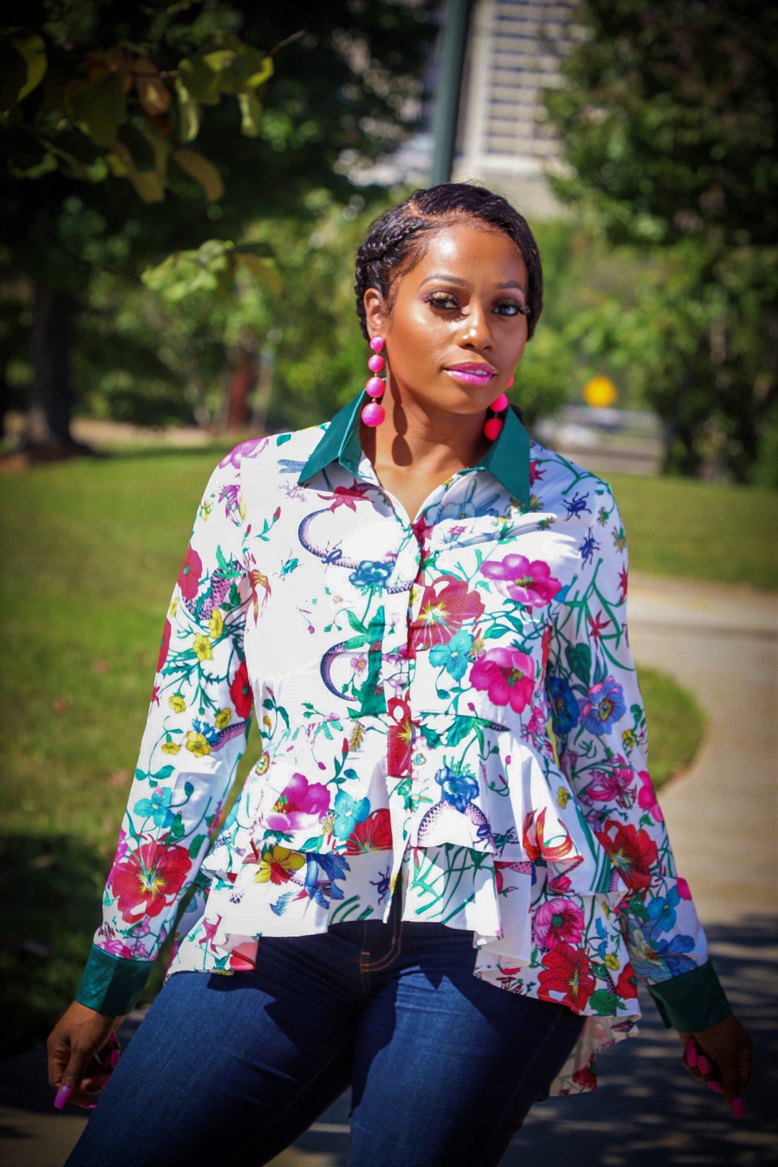 Blossom White Multi Color Floral Print Button Down Long Sleeve Top