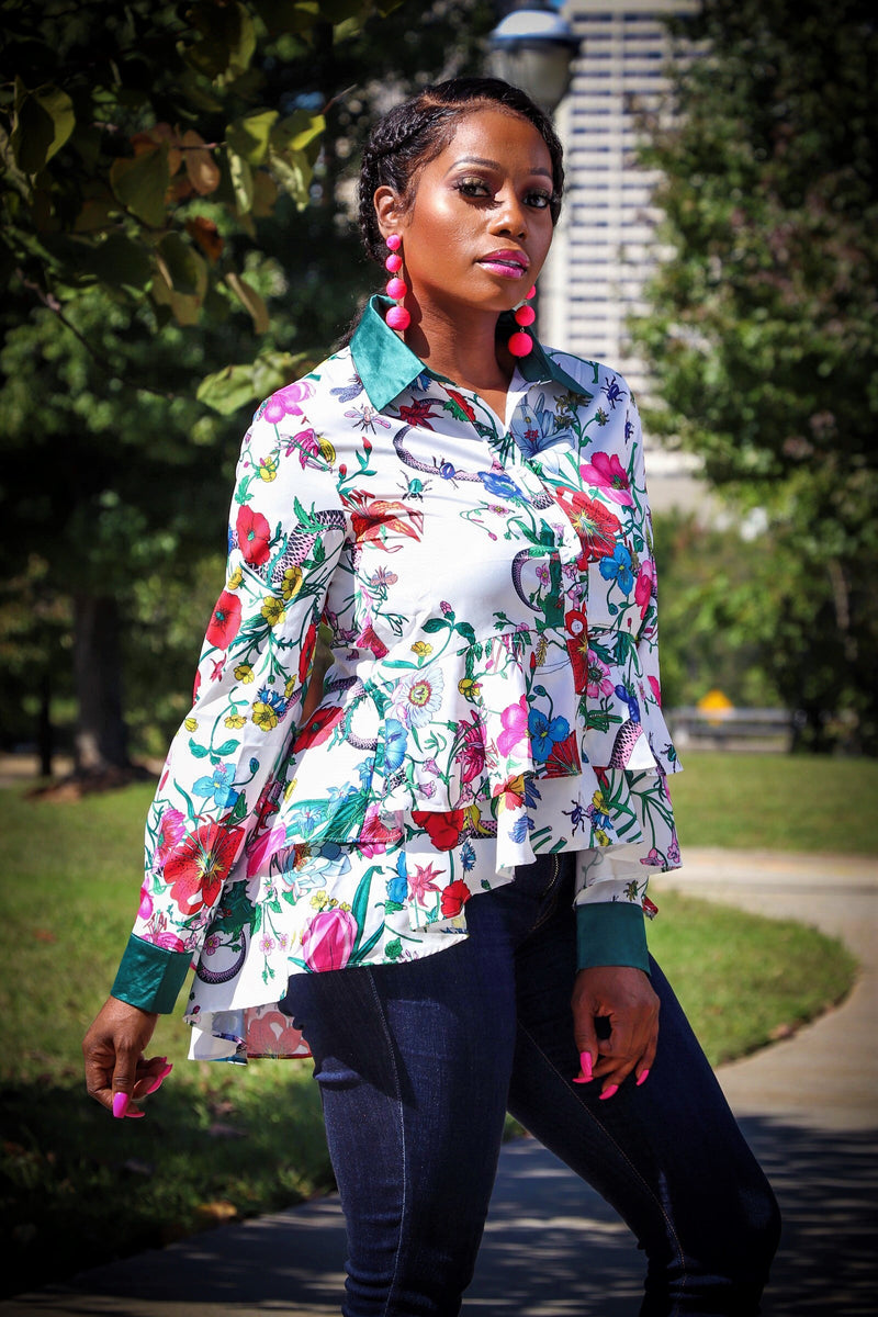 Blossom White Multi Color Floral Print Button Down Long Sleeve Top - A' LA' POSH Clothing
