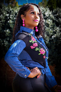 Cataleya Dark Denim Mesh Button Down Top - A' LA' POSH Clothing