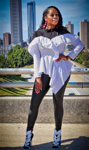 Gardenia White & Black Diagonal Stripe Long Sleeve Mesh Top - A' LA' POSH Clothing