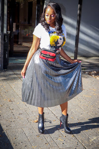 Esperanza Metallic Silver Pleated Midi Skirt - A' LA' POSH Clothing