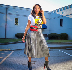 Esperanza Metallic Silver Pleated Midi Skirt - A' LA' POSH Clothing