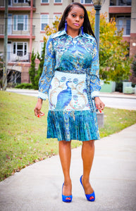 Royal Blue Teal Peacock Pattern Print 2 Piece Skirt Set - A' LA' POSH Clothing