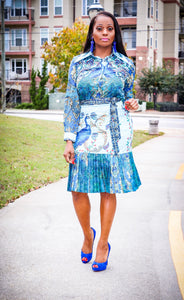 Royal Blue Teal Peacock Pattern Print 2 Piece Skirt Set - A' LA' POSH Clothing