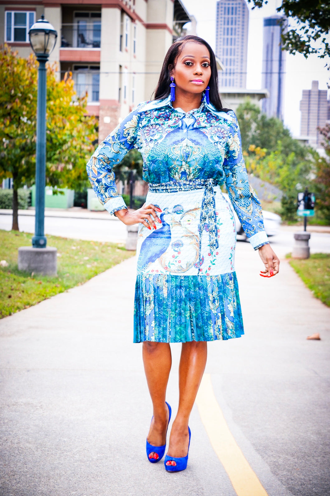 Royal Blue Teal Peacock Pattern Print 2 Piece Skirt Set - A' LA' POSH Clothing