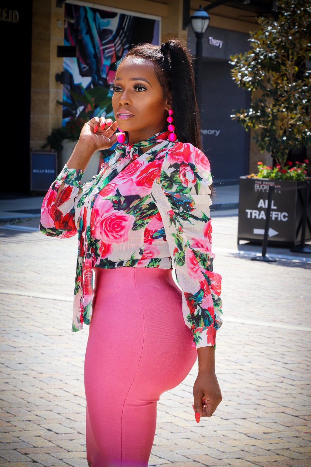 Chanel Rose Pink Multi Color Floral Print Neck Tie Blouse - A' LA' POSH Clothing