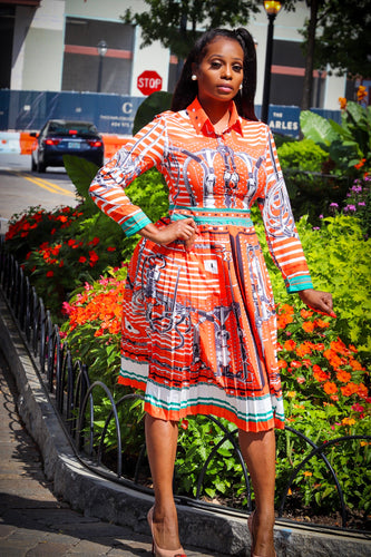 Ellianna Tangerine White Multi Color Print Long Sleeve Pleated Dress - A' LA' POSH Clothing