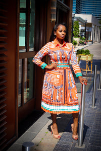 Ellianna Tangerine White Multi Color Print Long Sleeve Pleated Dress - A' LA' POSH Clothing