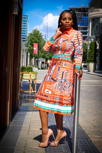 Ellianna Tangerine White Multi Color Print Long Sleeve Pleated Dress - A' LA' POSH Clothing