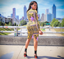 Coachella Purple Black Mural Print Gold Long Sleeve Bodycon Dress - A' LA' POSH Clothing