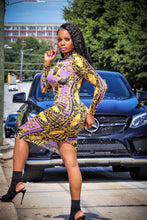 Coachella Purple Black Mural Print Gold Long Sleeve Bodycon Dress - A' LA' POSH Clothing