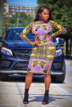 Coachella Purple Black Mural Print Gold Long Sleeve Bodycon Dress - A' LA' POSH Clothing