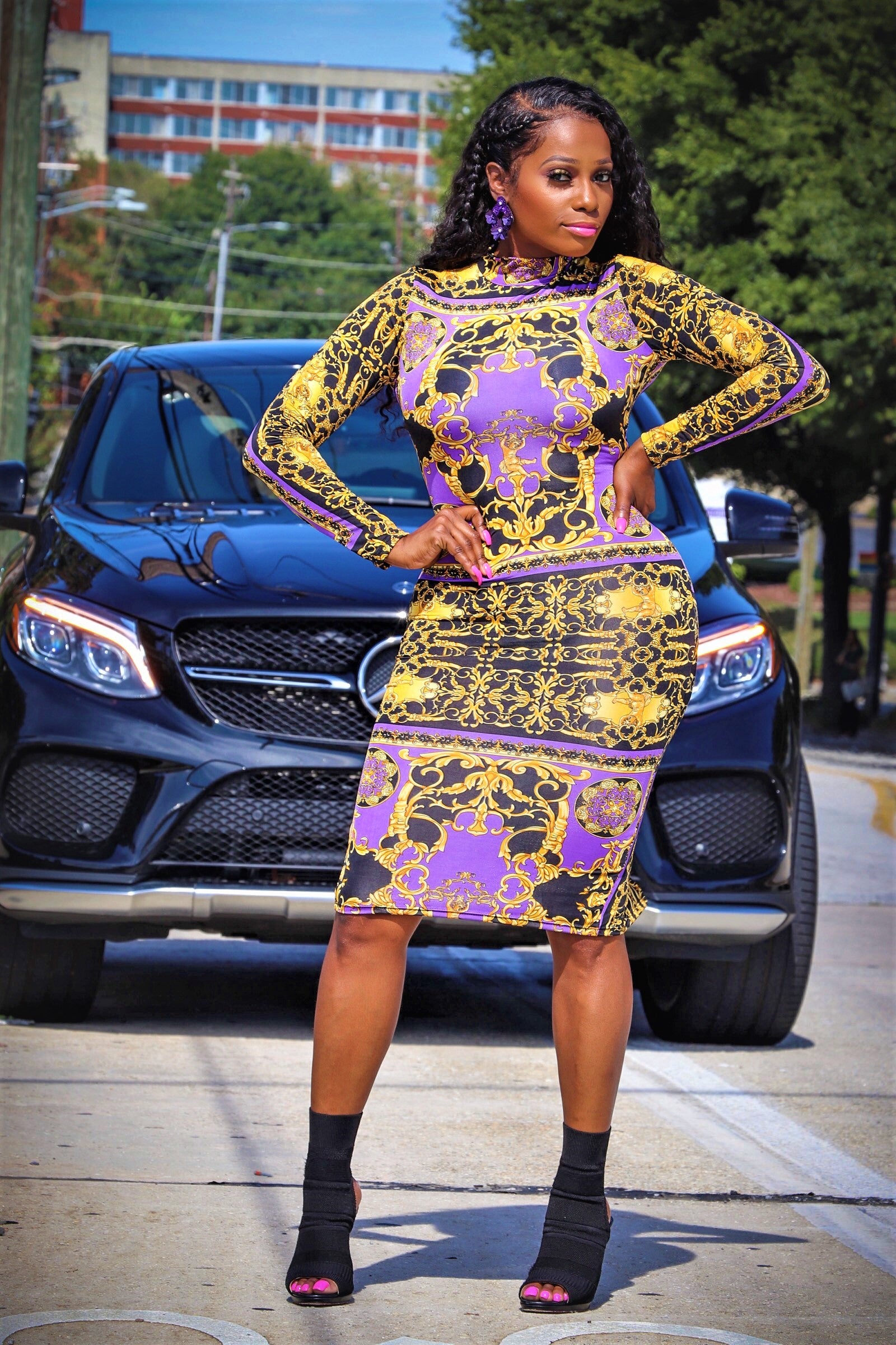 Coachella Purple Black Mural Print Gold Long Sleeve Bodycon Dress
